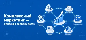Синяя обложка статьи о комплексном маркетинге со схемой каналов роста