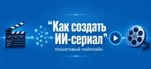 Обложка статьи о создании ИИ-сериала с иконками кинохлопушки и нейросети