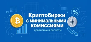 Обложка статьи о криптобиржах с низкими комиссиями: заголовок на синем фоне, иконки монет и графиков