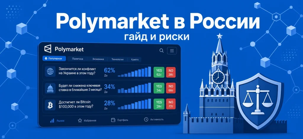 Обложка статьи о Polymarket в России: интерфейс прогнозного рынка, силуэт башни Кремля и иконка щита на синем фоне