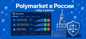 Обложка статьи о Polymarket в России: интерфейс прогнозного рынка, силуэт башни Кремля и иконка щита на синем фоне
