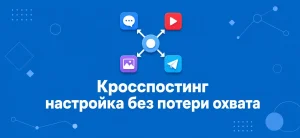 Обложка статьи о кросспостинге: центральный узел с расходящимися стрелками к иконкам соцсетей на синем фоне