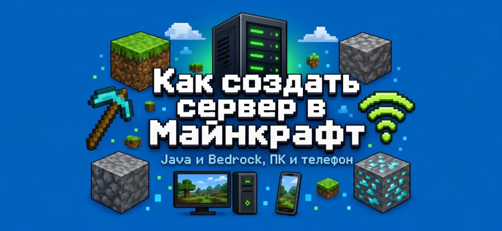 Как создать сервер в Майнкрафте: полный гайд 2026 (Java, Bedrock, ПК и телефон)