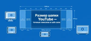 Иллюстрация с макетом шапки YouTube и обозначением безопасной зоны на синем фоне