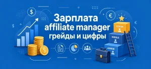 Обложка статьи о зарплатах аффилейт-менеджеров с иконками монет, графика роста и карьерной лестницы на синем фоне