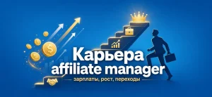 Обложка статьи о карьерном росте affiliate manager с лестницей и иконками