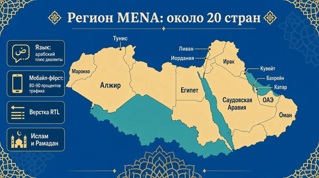 Карта региона MENA с ключевыми странами и языками