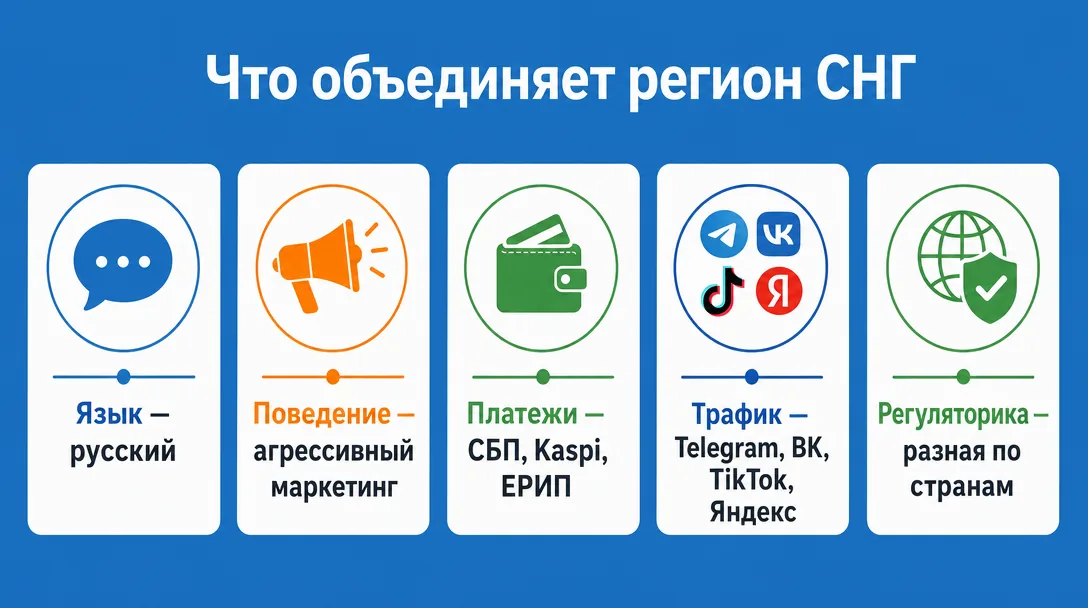 Инфографика общих черт региона СНГ для арбитража трафика