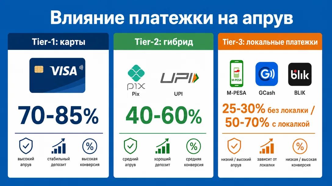 Инфографика влияния локальных платежек на апрув по тирам