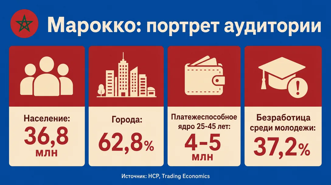 Инфографика по населению и аудитории Марокко для арбитража
