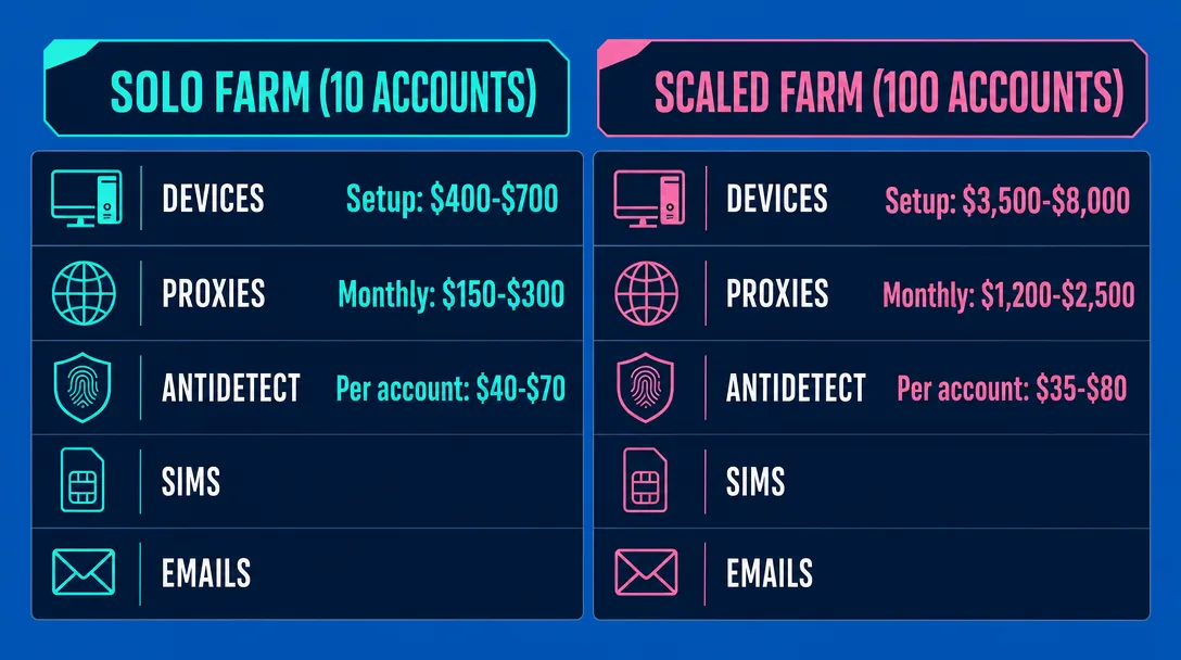 TikTok farm cost breakdown infographic solo versus scaled operation