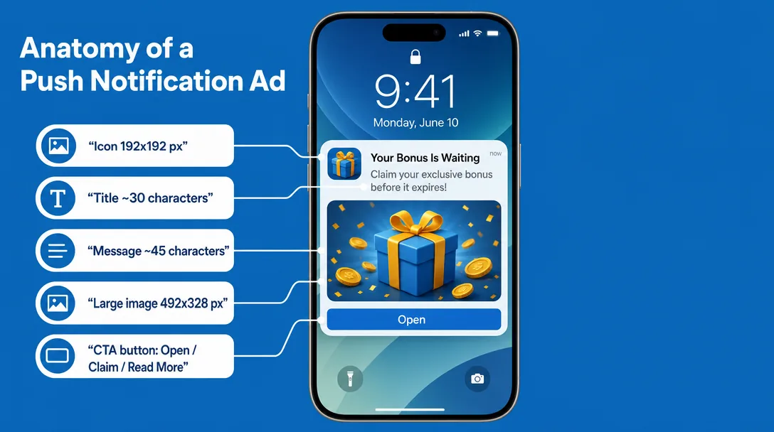 Anatomy of a push notification ad with labeled components