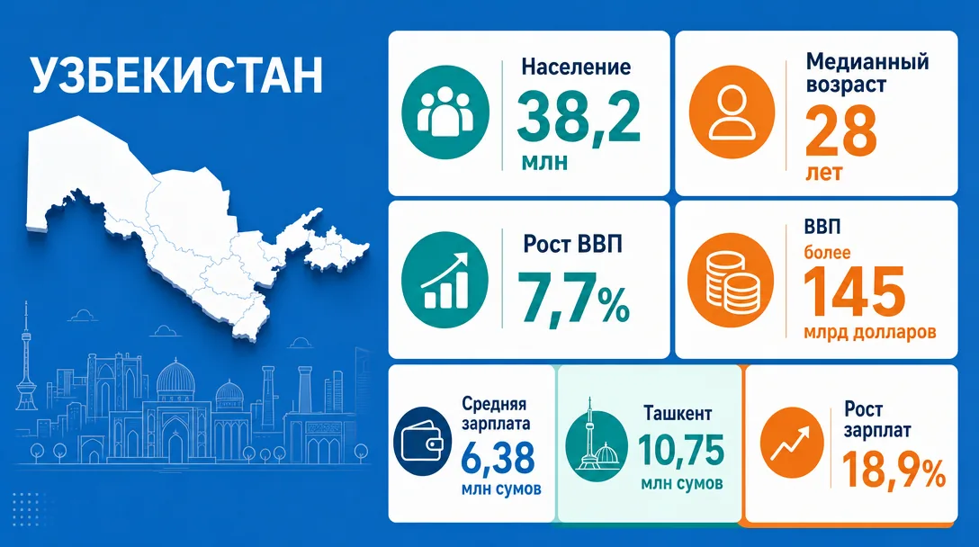 Инфографика по населению и экономике Узбекистана для арбитража
