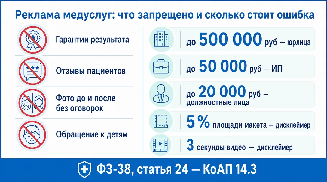 Инфографика запретов и штрафов в рекламе медуслуг по ФЗ-38