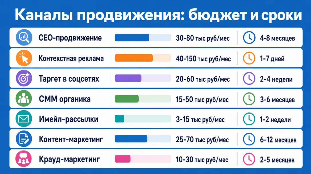 Сравнение каналов продвижения сайта по бюджету и срокам