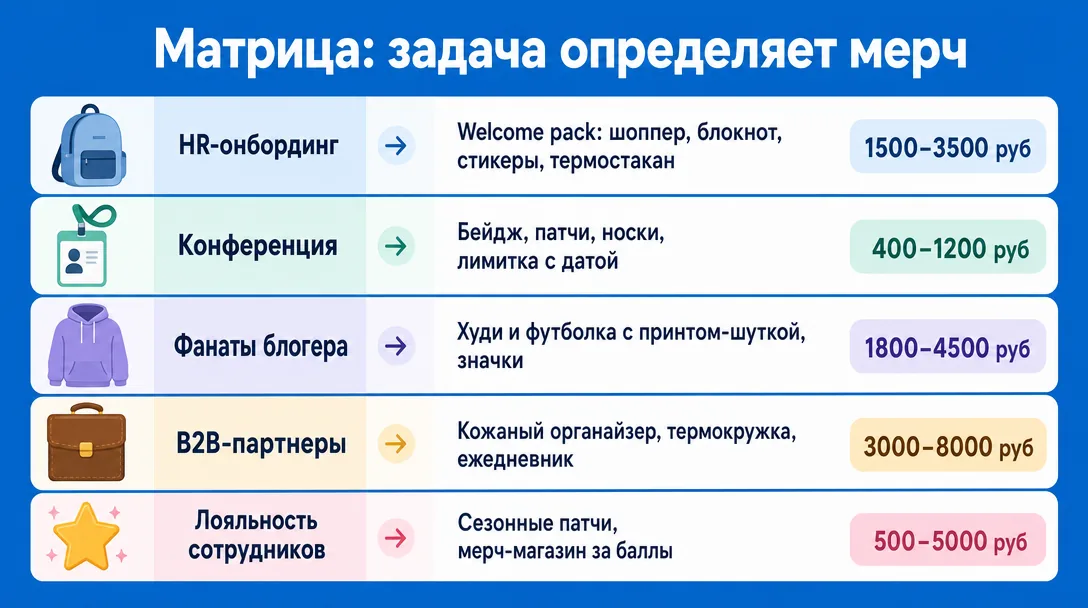 Матрица соответствия задачи и типа мерча с бюджетами