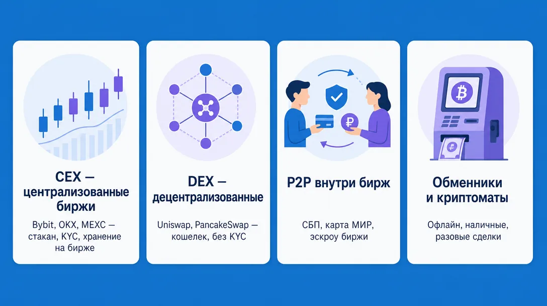 Схема четырех типов площадок для торговли криптовалютой