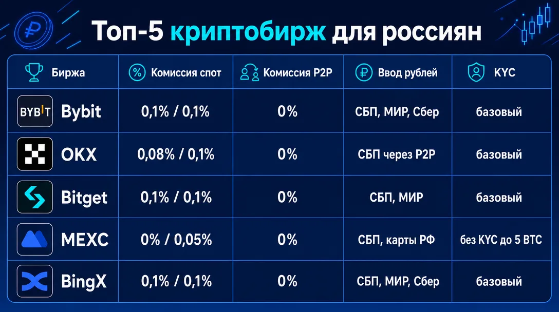 Сравнение топ-5 криптобирж для россиян по комиссиям и P2P