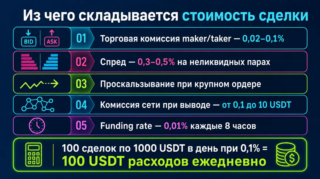 Инфографика структуры реальной стоимости сделки на криптобирже