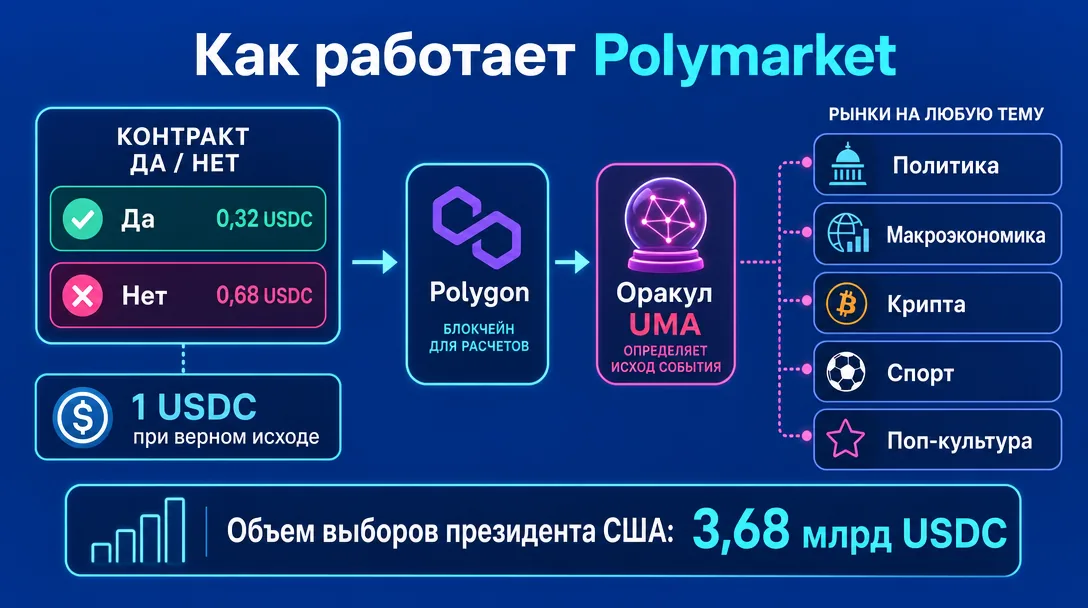 Инфографика Polymarket: механика yes/no контрактов и категории рынков