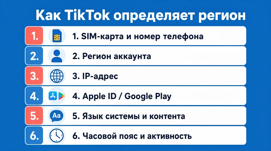 Инфографика: сигналы определения региона в TikTok по приоритету