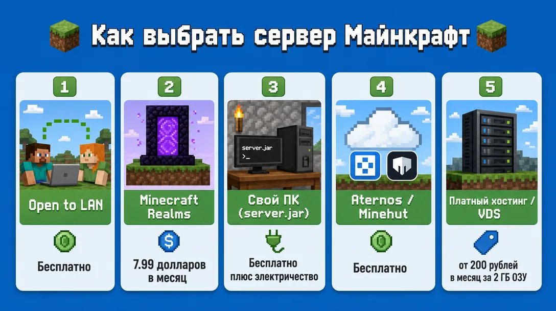 Сравнение пяти способов создать сервер Minecraft по цене и сложности