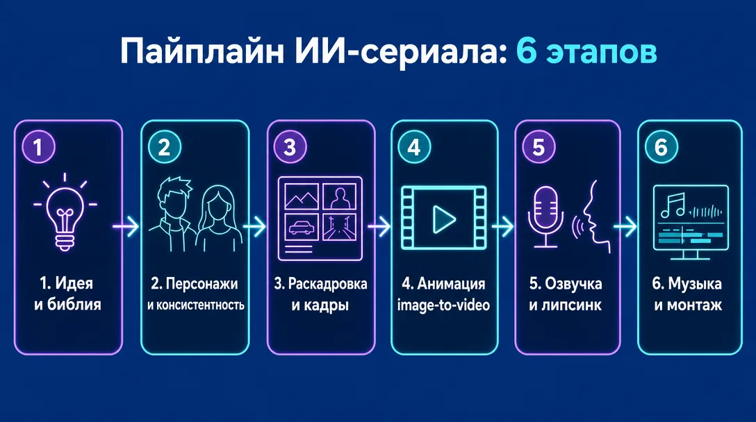 Схема пайплайна создания ИИ-сериала из шести этапов