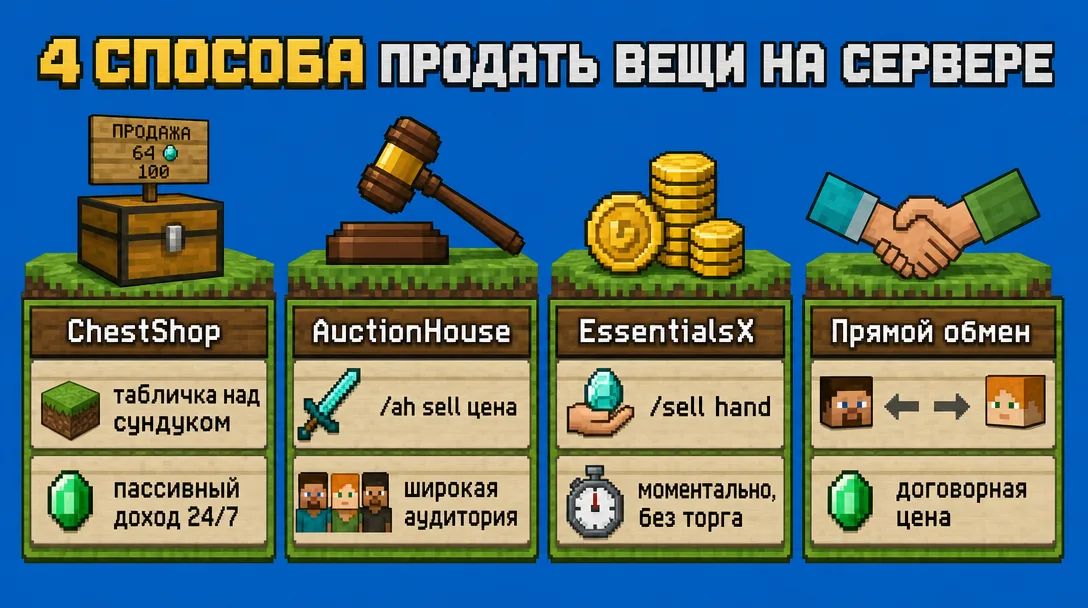 Инфографика четырех способов продажи предметов на сервере Minecraft
