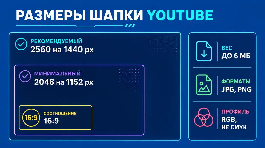 Инфографика с точными размерами шапки YouTube в пикселях