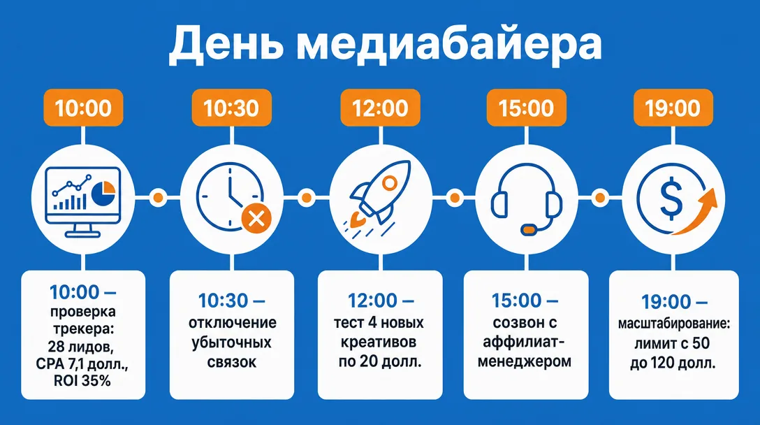 Инфографика рабочего дня медиабайера с бюджетом и связками