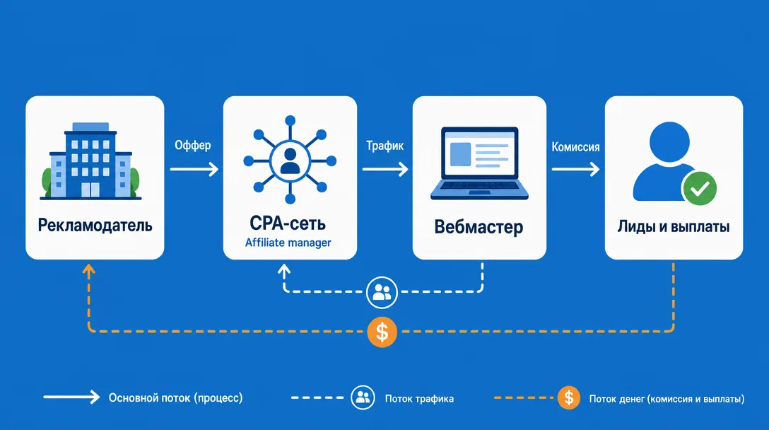 Схема движения трафика и денег в CPA-сети с участием affiliate manager