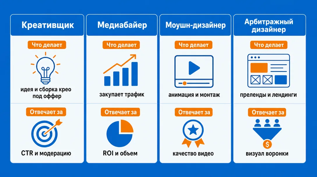 Сравнение ролей креативщика медиабайера и дизайнера в арбитражной команде