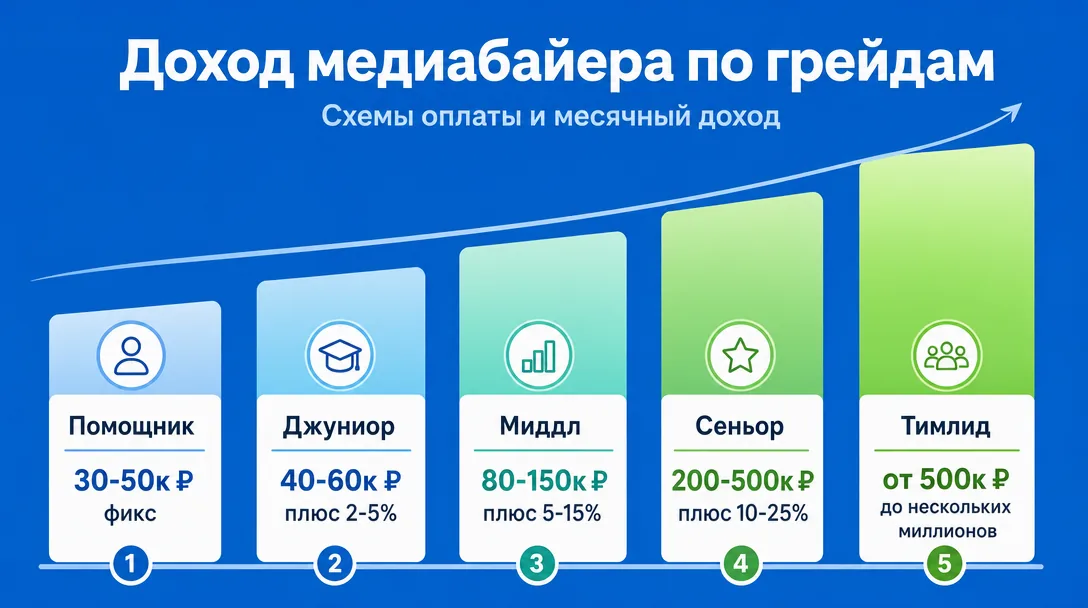 Инфографика доходов медиабайера по грейдам от помощника до тимлида