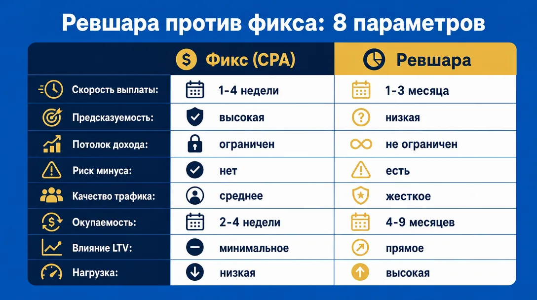 Сравнение моделей оплаты ревшара и фикс по ключевым параметрам
