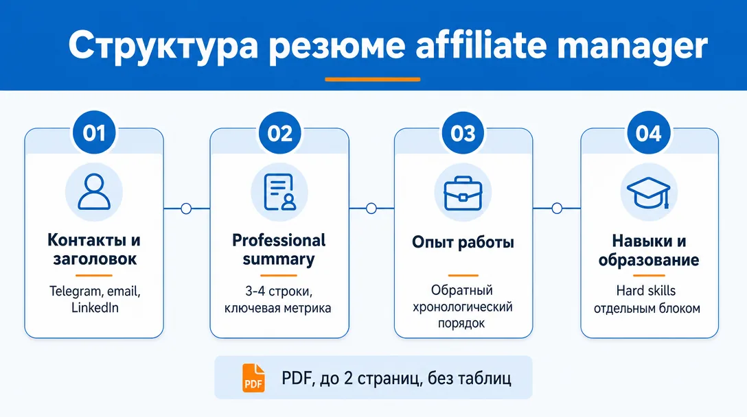 Структура резюме affiliate manager из четырех блоков