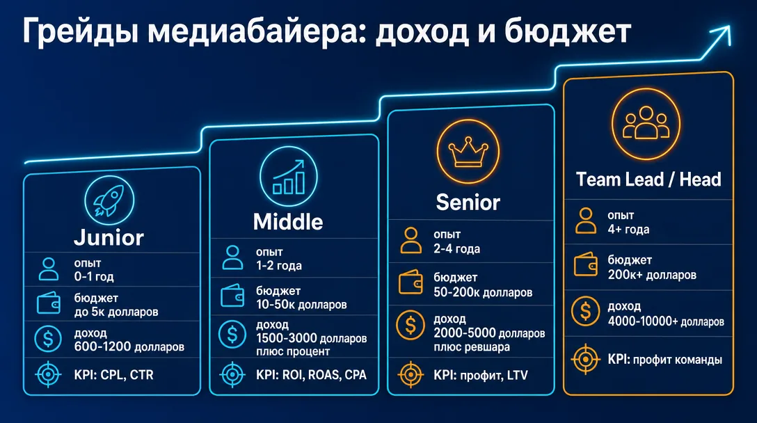 Инфографика грейдов медиабайера с вилками доходов и бюджетов