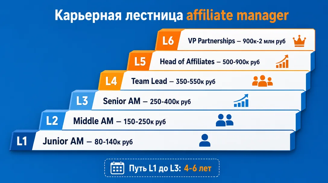 Инфографика карьерной лестницы affiliate manager из 6 грейдов