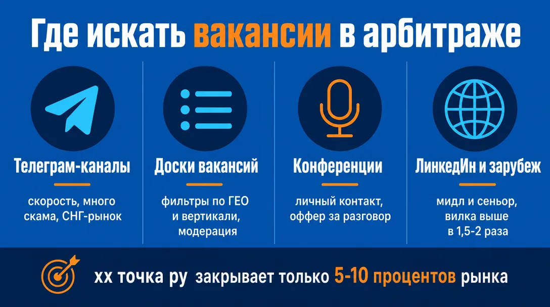 Инфографика каналов поиска вакансий в арбитраже трафика