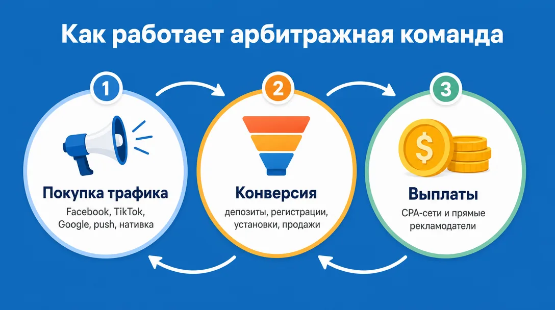 Схема трех функций арбитражной команды: трафик, конверсия, выплаты