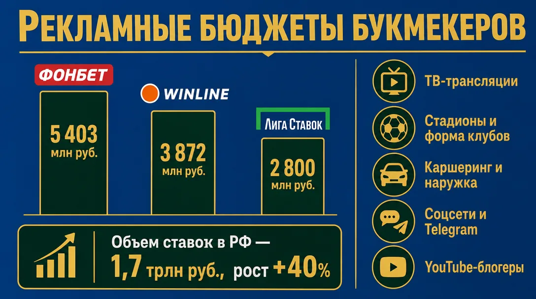 Инфографика рекламных бюджетов крупнейших букмекеров России