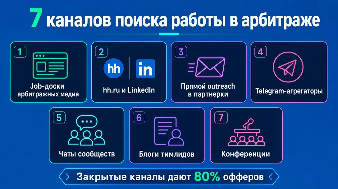 Инфографика семь каналов поиска вакансий в арбитраже трафика