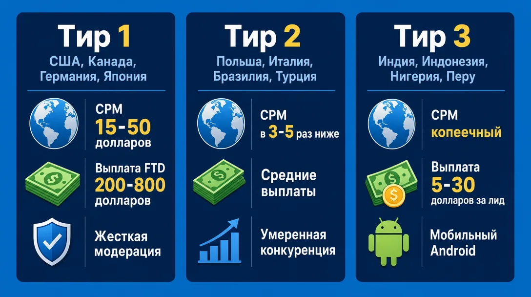 Инфографика тиров ГЕО Tier 1, Tier 2 и Tier 3 в арбитраже