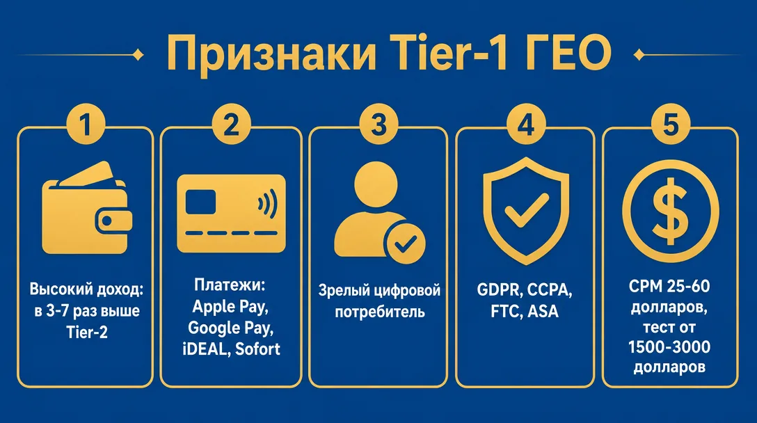 Инфографика характеристик Tier-1 ГЕО для арбитража трафика