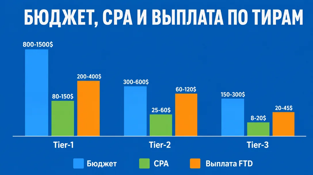 Сравнение тестового бюджета, CPA и выплат по тирам