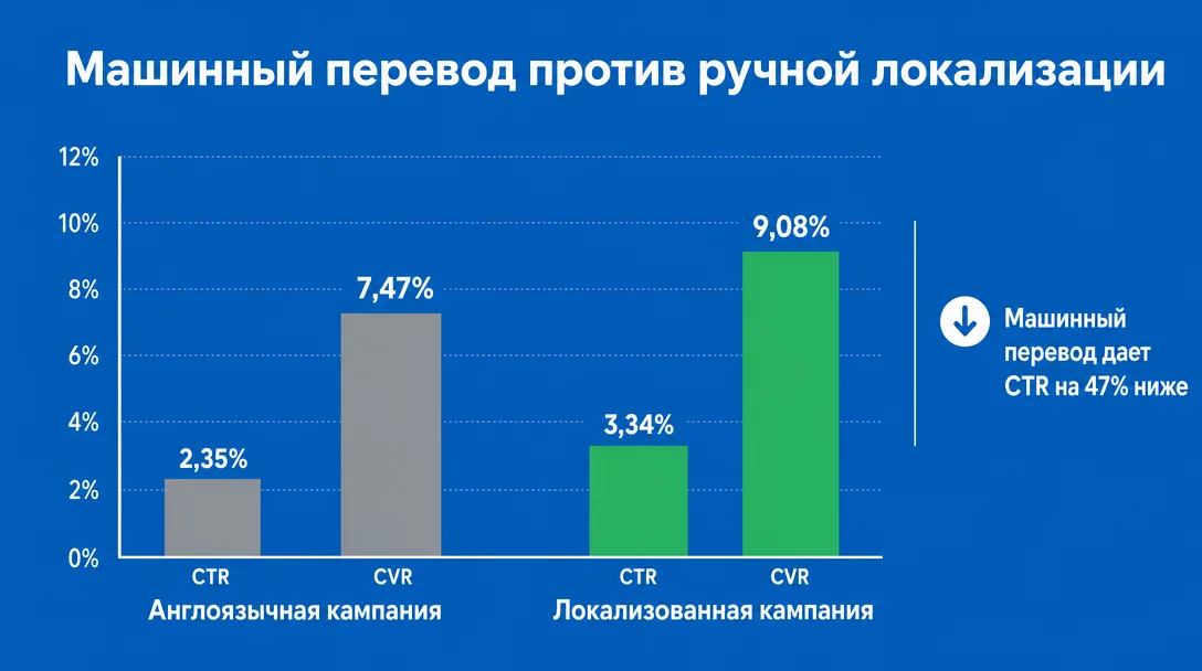 Сравнение CTR машинного и ручного перевода креативов
