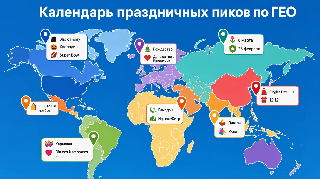 Карта мира с пиками праздничных продаж по ГЕО