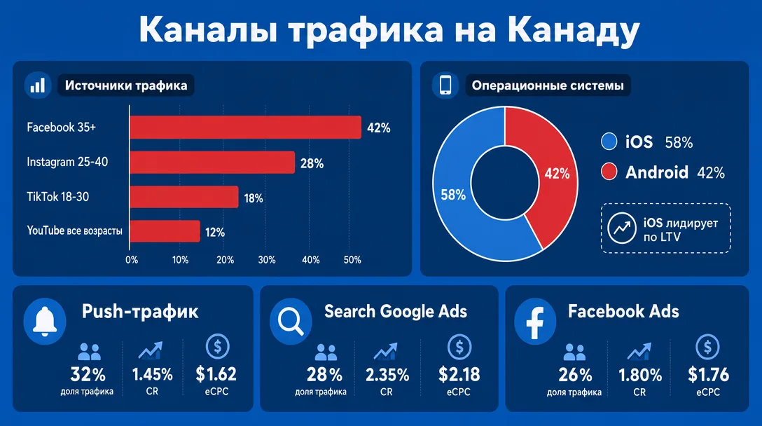 Диаграмма источников трафика и соцсетей для канадской аудитории
