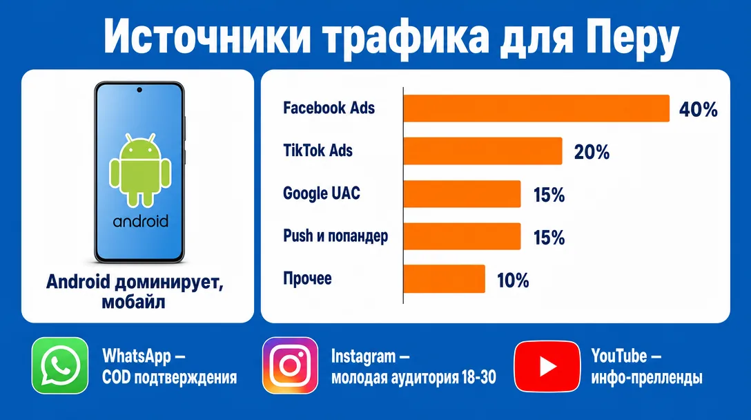 График долей соцсетей и источников трафика для Перу