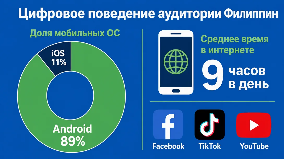 График распределения мобильных ОС и времени в соцсетях на Филиппинах