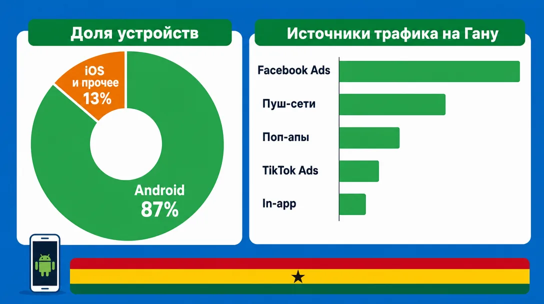 Источники трафика и доля устройств в Гане